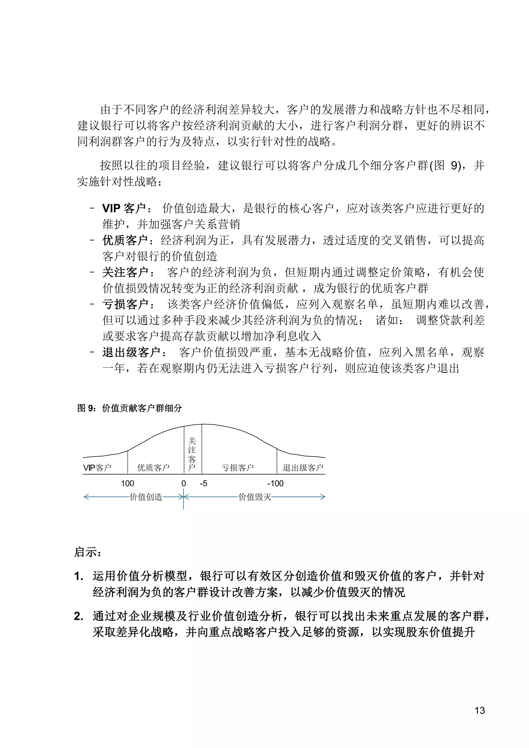 由于不同客户的经济利润差异较大，客户的发展潜力和战略方针也不尽相同，
建议银行可以将客户按经济利润贡献的大小，进行客户利润分群，更好的辨识不
同利润群客户的行为及特点，以实行针对性的战略。
按照以往的项目经验，建议银行可以将客户分成几个细分客户群(图 9)，并
实施针对性战略：
– VIP 客户： 价值创造最大，是银行的核心客户，应对该类客户应进行更好的
维护，并加强客户关系营销
– 优质客户：经济利润为正，具有发展潜力，透过适度的交叉销售，可以提高
客户对银行的价值创造
– 关注客户： 客户的经济利润为负，但短期内通过调整定价策略，有机会使
价值损毁情况转变为正的经济利润贡献 ，成为银行的优质客户群
– 亏损客户： 该类客户经济价值偏低，应列入观察名单，虽短期内难以改善，
但可以通过多种手段来减少其经济利润为负的情况； 诸如： 调整贷款利差
或要求客户提高存款贡献以增加净利息收入
– 退出级客户： 客户价值损毁严重，基本无战略价值，应列入黑名单，观察
一年，若在观察期内仍无法进入亏损客户行列，则应迫使该类客户退出

图 9：价值贡献客户群细分

关
注
客
户

优质客户

VIP客户
100

价值创造

0

亏损客户
-5

退出级客户
-100

价值毁灭

启示：
1. 运用价值分析模型，银行可以有效区分创造价值和毁灭价值的客户，并针对
经济利润为负的客户群设计改善方案，以减少价值毁灭的情况
2. 通过对企业规模及行业价值创造分析，银行可以找出未来重点发展的客户群，
采取差异化战略，并向重点战略客户投入足够的资源，以实现股东价值提升

13

 