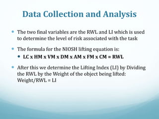 Data Collection and Analysis
 The two final variables are the RWL and LI which is used
to determine the level of risk associated with the task
 The formula for the NIOSH lifting equation is:
 LC x HM x VM x DM x AM x FM x CM = RWL
 After this we determine the Lifting Index (LI) by Dividing
the RWL by the Weight of the object being lifted:
Weight/RWL = LI
 