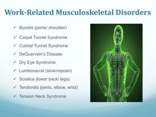 Work-Related Musculoskeletal Disorders
 Bursitis (joints/ shoulder)
 Carpal Tunnel Syndrome
 Cubital Tunnel Syndrome
 DeQuervain’s Disease
 Dry Eye Syndrome
 Lumbosacral (strain/sprain)
 Sciatica (lower back/ legs)
 Tendonitis (joints, elbow, wrist)
 Tension Neck Syndrome
 