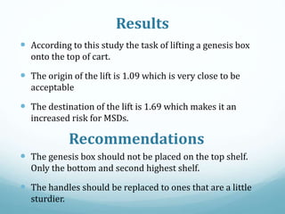 Results
 According to this study the task of lifting a genesis box
onto the top of cart.
 The origin of the lift is 1.09 which is very close to be
acceptable
 The destination of the lift is 1.69 which makes it an
increased risk for MSDs.
Recommendations
 The genesis box should not be placed on the top shelf.
Only the bottom and second highest shelf.
 The handles should be replaced to ones that are a little
sturdier.
 