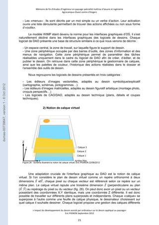 Mémoire de fin d’études d’ingénieur en paysage spécialité maîtrise d’oeuvre et ingénierie 
Agrocampus-Ouest centre d’Angers 
- Les «menus» : Ils sont décrits par un mot simple ou un verbe d’action. Leur activation 
ouvre une liste déroulante permettant de trouver des actions affichées ou non sous forme 
d’«outils». 
Le modèle WIMP étant devenu la norme pour les interfaces graphiques d’OS, il s’est 
naturellement décliné dans les interfaces graphiques des logiciels de dessins. Chaque 
logiciel de DAO présente une base de structure similaire à ce que nous venons de décrire : 
- Un espace central, la zone de travail, sur laquelle figure le support de dessin. 
- Une zone périphérique occupée par des barres d’outils, des zones d’information et des 
menus de navigation. Cette zone périphérique permet de paramétrer des tâches 
réalisables uniquement dans le cadre du logiciel de DAO afin de créer, d’éditer, et de 
publier le dessin. On retrouve dans cette zone périphérique le gestionnaire de calques, 
ainsi que les palettes de couleur, l’historique des actions réalisées dans le dossier et 
l’ensemble des outils de dessin. 
Nous regroupons les logiciels de dessins présentés en trois catégories : 
- Les éditeurs d’images vectorielles, adaptés au dessin symbolique/explicatif 
(cartographie, schémas, pictogrammes…). 
- Les éditeurs d’images matricielles, adaptés au dessin figuratif artistique (montage photo, 
croquis perspectifs…) 
- Les logiciels de CAO/DAO, adaptés au dessin technique (plans, détails et coupes 
techniques). 
2) Notion de calque virtuel 
Figure 26 : Schéma illustrant la notion de calque virtuel; Éric PIGNON 22/08/2012 
Une adaptation cruciale de l’interface graphique au DAO est la notion de calque 
virtuel. Si l’on considère le plan de dessin virtuel comme un repère orthonormé à deux 
dimensions et , chaque pixel ou chaque vecteur est référencé selon ce repère sur un 
même plan. Le calque virtuel rajoute une troisième dimension (perpendiculaire au plan 
( ; ) au repérage du pixel ou du vecteur (fig. 26). On peut donc avoir un pixel ou un vecteur 
possédant des coordonnées X;Y identique, mais une coordonnée Z différente. Il est donc 
possible de travailler sur différents plans superposés et indépendants. Chaque «calque» se 
superpose à l’autre comme une feuille de calque physique, le dessinateur choisissant sur 
quel calque il souhaite dessiner. Chaque logiciel propose une gestion des calques différents 
« Impact du développement du dessin assisté par ordinateur sur le dessin appliqué au paysage» 
Eric PIGNON Septembre 2012 
21 
dumas-00739647, version 1 - 8 Oct 2012 
 