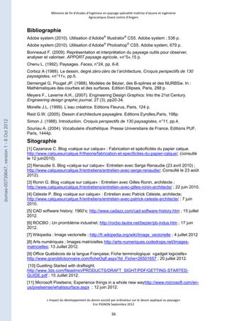 Mémoire de fin d’études d’ingénieur en paysage spécialité maîtrise d’oeuvre et ingénierie 
Agrocampus-Ouest centre d’Angers 
Bibliographie 
Adobe system (2010). Utilisation d’Adobe® Illustrator® CS5. Adobe system ; 536 p. 
Adobe system (2010). Utilisation d’Adobe® Photoshop® CS5. Adobe system, 679 p. 
Bonneaud F. (2009). Représentation et interprétation du paysage outils pour observer, 
analyser et valoriser. APPORT paysage agricole, «n°5»,15 p. 
Chenu L. (1992). Paysages. Faces, n°24, pp. 6-8. 
Corboz A (1988). Le dessin, degré zéro-zéro de l’architecture, Croquis perspectifs de 130 
paysagistes, «n°11», pp.5. 
Demengel G, Pouget JP. (1988). Modèles de Bézier, des B-splines et des NURBSw. In : 
Mathématiques des courbes et des surfaces. Edition Ellipses, Paris, 288 p. 
Meyers F., Laverne A.H., (2007). Engineering Design Graphics: Into the 21st Century. 
Engineering design graphic journal, 27 (3), pp20-34. 
Morelle J.L. (1999). L’eau créatrice. Editions Fleurus, Paris, 124 p. 
Reid G.W. (2005). Dessin d’architecture paysagère. Editions Eyrolles,Paris, 198p. 
Simon J. (1988). Introduction. Croquis perspectifs de 130 paysagistes, n°11, pp.4. 
Souriau A. (2004). Vocabulaire d'esthétique. Presse Universitaire de France, Editions PUF, 
Paris, 1444p. 
Sitographie 
[1] Cazanave C. Blog «calque sur calque» : Fabrication et spécificités du papier calque. 
http://www.calquesurcalque.fr/theorie/fabrication-et-specificites-du-papier-calque/; (consulté 
le 12 juin2010). 
[2] Renaudie S. Blog «calque sur calque»: Entretien avec Serge Renaudie (23 avril 2010) ; 
http://www.calquesurcalque.fr/entretiens/entretien-avec-serge-renaudie/; Consulté le 23 août 
2012). 
[3] Ronin G. Blog «calque sur calque» : Entretien avec Gilles Ronin, architecte ; 
http://www.calquesurcalque.fr/entretiens/entretien-avec-gilles-ronin-architecte/ ; 22 juin 2010. 
[4] Céleste P. Blog «calque sur calque» : Entretien avec Patrick Céleste, architecte; 
http://www.calquesurcalque.fr/entretiens/entretien-avec-patrick-celeste-architecte/ ; 7 juin 
2010. 
[5] CAD software history; 1960’s; http://www.cadazz.com/cad-software-history.htm ; 15 juillet 
2012. 
[6] ROCBO ; Un promblème industriel; http://rocbo.lautre.net/bezier/pb-indus.htm ; 17 juin 
2012. 
[7] Wikipedia : Image vectorielle ; http://fr.wikipedia.org/wiki/Image_vectorielle ; 4 juillet 2012 
[8] Arts numériques ; Images matricielles http://arts-numeriques.codedrops.net/Images-matricielles; 
« Impact du développement du dessin assisté par ordinateur sur le dessin appliqué au paysage» 
Eric PIGNON Septembre 2012 
36 
13 Juillet 2012. 
[9] Office Québécois de la langue Française; Fiche terminologique: «gadget logicielle» 
http://www.granddictionnaire.com/ficheOqlf.aspx?Id_Fiche=26501657 ; 20 juillet 2012. 
[10] Guetting Started with draftsight; 
http://www.3ds.com/fileadmin/PRODUCTS/DRAFT_SIGHT/PDF/GETTING-STARTED-GUIDE. 
pdf ; 15 Juillet 2012. 
[11] Microsoft Pixelsens; Experience things in a whole new wayhttp://www.microsoft.com/en-us/ 
pixelsense/whatissurface.aspx ; 12 juin 2012. 
dumas-00739647, version 1 - 8 Oct 2012 
 
