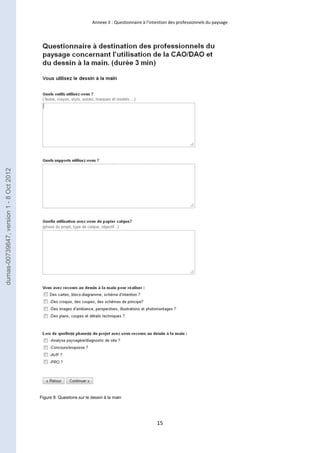 Annexe II : Questionnaire à l’intention des professionnels du paysage 
15 
Figure 8: Questions sur le dessin à la main 
dumas-00739647, version 1 - 8 Oct 2012 
 