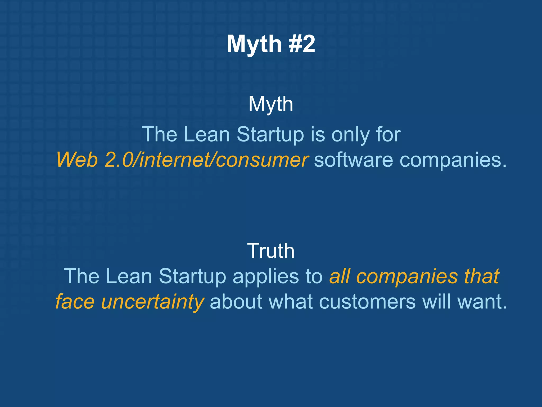 Lean StartupUnit of Progress: Validated Learning About Customers ($$$)Customer DevelopmentHypotheses, Experiments,InsightsProblem:unknownData, Feedback,InsightsSolution:unknownAgile Development
