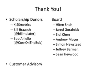 Thank You! 
• Scholarship Donors 
– KISSmetrics 
– Bill Braasch 
(@billmelater) 
– Bob Aniello 
(@CornOnTheBob) 
• Customer Advisory 
Board 
– Hiten Shah 
– Jared Goralnick 
– Siqi Chen 
– Andrew Meyer 
– Simon Newstead 
– Jeffrey Barman 
– Sean Heywood 
 