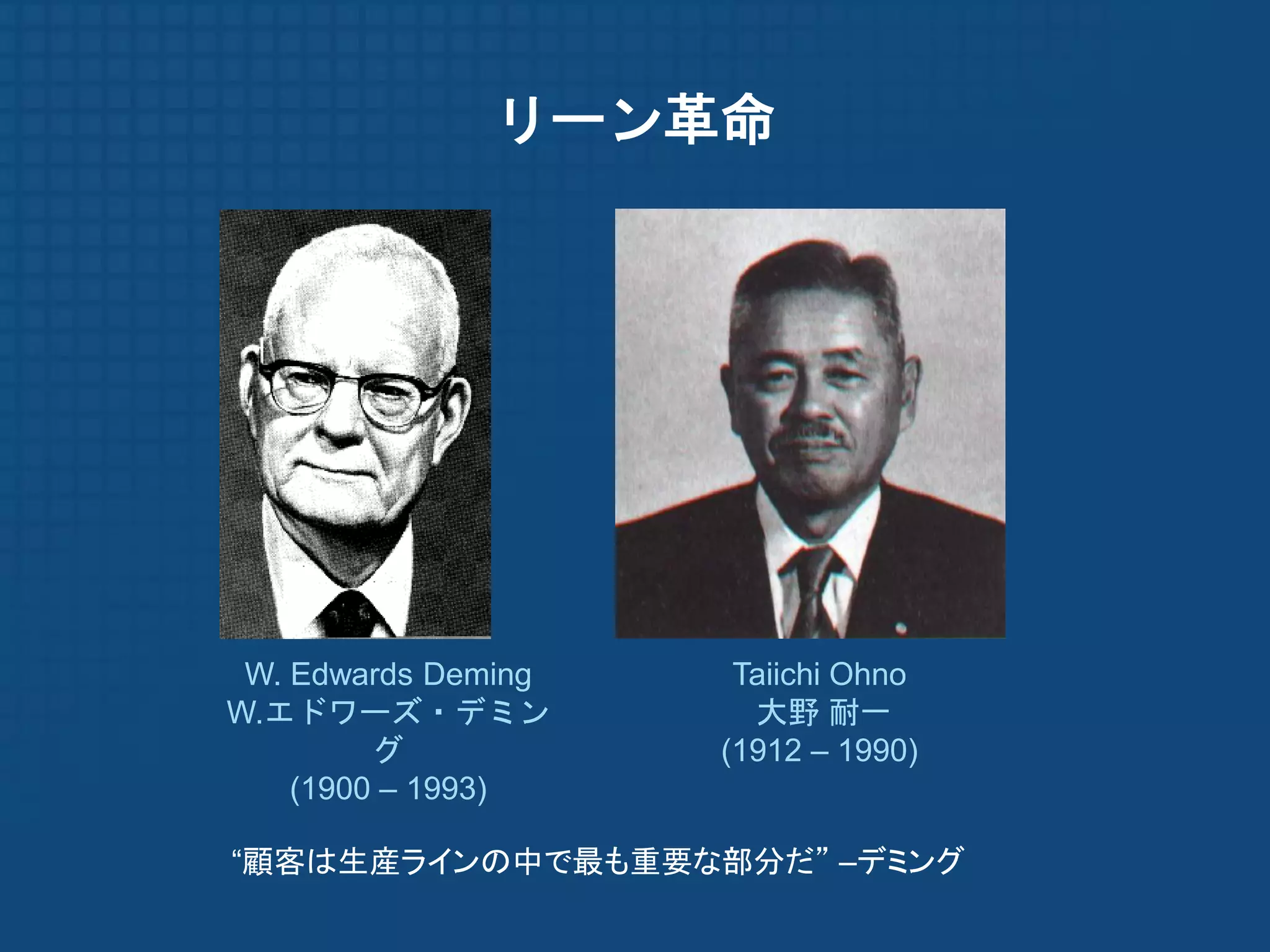 リーン革命




 W. Edwards Deming    Taiichi Ohno
W.エドワーズ・デミン            大野 耐一
         グ           (1912 – 1990)
    (1900 – 1993)

“顧客は生産ラインの中で最も重要な部分だ” –デミング
 