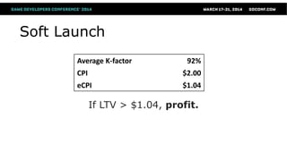 Soft Launch
Average K-factor 92%
CPI $2.00
eCPI $1.04
If LTV > $1.04, profit.
 