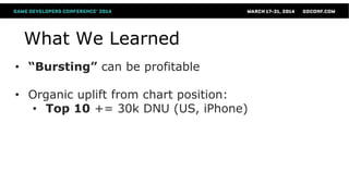 What We Learned
• “Bursting” can be profitable
• Organic uplift from chart position:
• Top 10 += 30k DNU (US, iPhone)
 