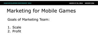Marketing for Mobile Games
Goals of Marketing Team:
1. Scale
2. Profit
 