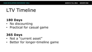 LTV Timeline
180 Days
• No discounting
• Practical for casual game
365 Days
• Not a “current asset”
• Better for longer-timeline game
 