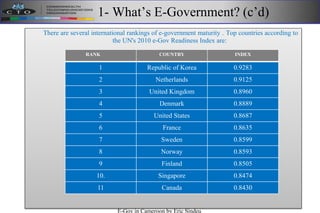 1- What’s E-Government? (c’d)
There are several international rankings of e-government maturity . Top countries according to
the UN's 2010 e-Gov Readiness Index are:
E-Gov in Cameroon by Eric Sindeu
RANK COUNTRY INDEX
1 Republic of Korea 0.9283
2 Netherlands 0.9125
3 United Kingdom 0.8960
4 Denmark 0.8889
5 United States 0.8687
6 France 0.8635
7 Sweden 0.8599
8 Norway 0.8593
9 Finland 0.8505
10. Singapore 0.8474
11 Canada 0.8430
 