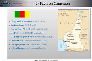 2- Facts on Cameroon
 Geographical situation: central Africa
 Surface Area: 475 442 km2
 Population : About 21 million inhabitants
 GDP 25,41 Billion USD (Dec. 2011)
 GDP annual growth rate: 5.60 % (June 2012)
 Inflation rate : 2.90 % (September 2012)
 Unemployment rate: 3.80% (Dec. 2011)
 Official languages :French and English
E-Gov in Cameroon by Eric Sindeu
 