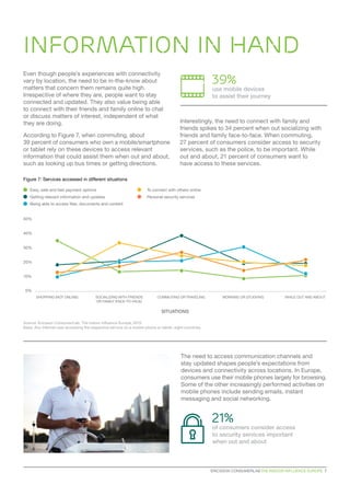 Even though people’s experiences with connectivity
vary by location, the need to be in-the-know about
matters that concern them remains quite high.
Irrespective of where they are, people want to stay
connected and updated. They also value being able
to connect with their friends and family online to chat
or discuss matters of interest, independent of what
they are doing.
According to Figure 7, when commuting, about
39 percent of consumers who own a mobile/smartphone
or tablet rely on these devices to access relevant
information that could assist them when out and about,
such as looking up bus times or getting directions.
Interestingly, the need to connect with family and
friends spikes to 34 percent when out socializing with
friends and family face-to-face. When commuting,
27 percent of consumers consider access to security
services, such as the police, to be important. While
out and about, 21 percent of consumers want to
have access to these services.
The need to access communication channels and
stay updated shapes people’s expectations from
devices and connectivity across locations. In Europe,
consumers use their mobile phones largely for browsing.
Some of the other increasingly performed activities on
mobile phones include sending emails, instant
messaging and social networking.
INFORMATION IN HAND
Figure 7: Services accessed in different situations
Source: Ericsson ConsumerLab, The indoor influence Europe, 2015
Base: Any internet user accessing the respective service on a mobile phone or tablet, eight countries
SHOPPING (NOT ONLINE)
10%
20%
0%
30%
40%
50%
SOCIALIZING WITH FRIENDS
OR FAMILY (FACE-TO-FACE)
COMMUTING OR TRAVELING
SITUATIONS
WORKING OR STUDYING WHILE OUT AND ABOUT
Easy, safe and fast payment options
Getting relevant information and updates
Being able to access files, documents and content
To connect with others online
Personal security services
39%
use mobile devices
to assist their journey
21%
of consumers consider access
to security services important
when out and about
ERICSSON CONSUMERLAB THE INDOOR INFLUENCE EUROPE  7
 