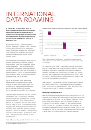 20  ERICSSON MOBILITY REPORT  JUNE 2013
International
data roaming
In this section we analyze the share of
subscribers who enable data roaming when
traveling abroad and explore how device
penetration differs between local subscribers
and data roamers. We refer to data roaming
as using mobile network data services in
another country.
According to BEREC1
, international data
roaming grew by 630 percent in the European
Union (EU) during 2007-2012. During this
period the average price per MB decreased.
This, together with increased smartphone
penetration, explains the growth in data
roaming traffic.
Ericsson global measurements show that the
share of data traffic volume from roaming
subscribers is lower than 0.5 percent of total
mobile data traffic. There is great variation
between the average per subscription traffic
volumes for roaming users and local users. In
some countries it can be as low as 10 percent,
while in others – such as tourist destinations –
it can be on par with local usage.
Figure 26 shows the share of roaming
smartphone subscribers that have data
roaming enabled and consume data. This
share is by far the highest on BlackBerrys
(65-80 percent) followed by iPhones
(20-40 percent) and Android (10-20 percent).
Deeper analysis reveals that low-end Android
models have only ~10 percent or even less
data roaming share, while high-end Android
smartphones have a share similar to that of
iPhones at ~30 percent. The low share of data
roaming in figure 26 for Android smartphones
may be due to the high penetration of low-end
models in many networks. Most subscribers
with such a device do not have a data roaming
service or have disabled it. Some do not even
have a data subscription available on their
home network.
For networks within the EU, the share of roaming subscribers
with an iPhone or Android smartphone that have data roaming
enabled is significantly higher for roaming subscribers from
other EU countries, than from non-EU countries. This is most
probably due to lower data roaming tariffs within the EU. Also,
the majority of roaming subscribers on networks in the EU are
from other countries within the region.
User behavior changes when roaming. While video dominates
local subscribers’ traffic it becomes negligible for those who
roam. In contrast, the relative share of maps and email traffic
is significantly higher for roaming subscribers.
Regional roaming patterns
Few national regulators share data roaming information but the
ones that do – Sweden and Switzerland for example – show that
roaming patterns can differ a lot. In Sweden, 3 percent of data
roaming traffic comes from non-EU countries compared to
23 percent in Switzerland. Share of local and roaming data
traffic can also vary a lot within countries. For example, one
European operator which had a 28 percent market share of total
mobile traffic, had 66 percent of data roaming traffic and hence
a larger share of the associated data roaming revenues.
1 
Body of European Regulators for Electronic Communication.
0
10%
20%
30%
40%
50%
60%
70%
80%
Android smartphoneiPhoneBlackBerry smartphone
Figure 26: Share of roaming smartphone subscribers using data roaming services
Note: In this analysis, only 3G traffic is considered. 3G capable devices
where subscribers turned off 3G capabilities and only generated 2G traffic
are excluded.
Network with highest share of data roamers
Median amongst measured networks
Network with lowest share of data roamers
Source: Ericsson (June 2013)
 