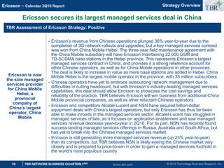 © 2010 Technology Business Research, Inc.
TBR
10 TBR NETWORK BUSINESS QUARTERLYSM
Ericsson – Calendar 2Q10 Report
www.tbri.com
Ericsson secures its largest managed services deal in China
TBR Assessment of Ericsson Strategy: Positive
Ericsson is now
the sole managed
services provider
for China Mobile
Hebei, a
provincial
company of
China’s largest
operator, China
Mobile
• Ericsson’s revenue from Chinese operations plunged 36% year-to-year due to the
completion of 3G network rollouts and upgrades, but a key managed services contract
was won from China Mobile Hebei. The three-year field maintenance agreement with
the China Mobile subsidiary will have Ericsson maintaining 22,000 GSM and
TD-SCDMA base stations in the Hebei province. This represents Ericsson’s largest
managed services contract in China, and provides it a strong reference account for
other Chinese operators, as well as for China Mobile operations in other provinces.
The deal is likely to increase in value as more base stations are added in Hebei. China
Mobile Hebei is the largest mobile operator in the province, with 35 million subscribers.
• Chinese operators have yet to embrace outsourcing network management due to
difficulties in cutting headcount, but with Ericsson’s industry-leading managed services
capabilities, this deal should allow Ericsson to showcase the cost savings and
reliability of the practice. TBR believes Ericsson will win business from additional China
Mobile provincial companies, as well as other reluctant Chinese operators.
• Ericsson and competitors Alcatel-Lucent and NSN have secured billion-dollar
equipment deals with China’s largest operators, but only Ericsson has thus far been
able to make inroads in the managed services sector. Alcatel-Lucent has struggled in
managed services of late, as it focuses on application enablement and saw managed
services revenue decrease year-to-year in 2Q10. For its part, NSN has recently found
success landing managed services offerings in Russia, Australia and South Africa, but
has yet to break into the Chinese managed services market.
• Ericsson is still generating more managed services revenue (up 23% year-to-year)
than its competitors, but TBR believes NSN is likely eyeing the Chinese market very
closely and is prepared to price-to-win in order to gain a managed services foothold in
the world’s most populous country.
Strategy Overview
 