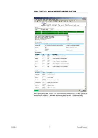 RBS3202 Test with CMU300 and RNC/Iub SIM

Activation of the RF power can be monitored with the aid of the spectrum
analyzer on the R&S CMU300 (function group: Basic Functions / RF).

1CM56_E

7

Rohde & Schwarz

 