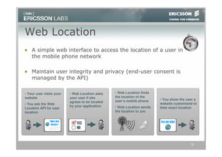 Web Location
    A simple web interface to access the location of a user in
    the mobile phone network

    Maintain user integrity and privacy (end-user consent is
    managed by the API)

• Your user visits your   • Web Location asks    • Web Location finds
website                   your user if she       the location of the
                                                 user’s mobile phone    • You show the user a
                          agrees to be located                          website customized to
• You ask the Web
                          by your application    • Web Location sends   their exact location
Location API for user
location                                         the location to you




                                                                                         13
 