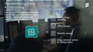 Network Services for Massive IoT | Commercial in confidence | , Rev | 2017-05-22 | Page 11
Network Planning, Design
& Dimensioning
High quality RAN designs for massive IoT
that address both coverage and capacity
dimensioning for the selected IoT
technology and its use cases.
Core network option
& configuration
Technology
advising
RAN design
Mobility design
 