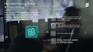 Network Services for Massive IoT | Commercial in confidence | , Rev | 2017-05-22 | Page 14
Network Planning, Design
& Dimensioning
High quality RAN designs for massive IoT
that address both coverage and capacity
dimensioning for the selected IoT
technology and its use cases.
Idle mode mobility planning
Core network option
& configuration
Coverage and capacity dimensioning
along with Software deployment plan
Consulting partner, recommendation on
technology and alternative deployment
options per use case
 