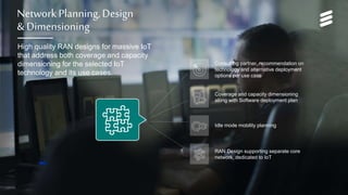 Network Services for Massive IoT | Commercial in confidence | , Rev | 2017-05-22 | Page 15
Network Planning, Design
& Dimensioning
High quality RAN designs for massive IoT
that address both coverage and capacity
dimensioning for the selected IoT
technology and its use cases.
RAN Design supporting separate core
network, dedicated to IoT
Idle mode mobility planning
Coverage and capacity dimensioning
along with Software deployment plan
Consulting partner, recommendation on
technology and alternative deployment
options per use case
 