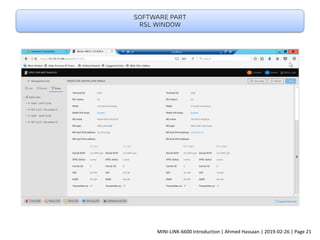 Software part
RSL window
MINI-LINK-6600 Introduction | Ahmed Hassaan | 2019-02-26 | Page 21
 