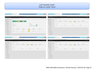 Software part
TDM E1 loop test
MINI-LINK-6600 Introduction | Ahmed Hassaan | 2019-02-26 | Page 27
 