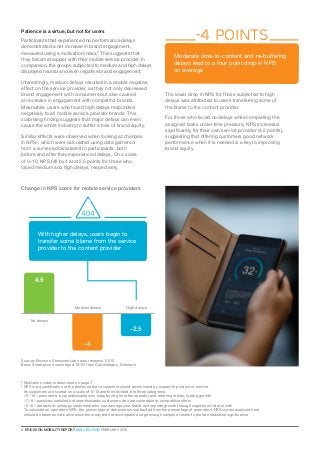 6  ERICSSON MOBILITY REPORT  MWC EDITION FEBRUARY 2016
Patience is a virtue, but not for users
Participants that experienced no performance delays
demonstrated a net increase in brand engagement,
measured using a motivation index.3
This suggests that
they became happier with their mobile service provider. In
comparison, the groups subjected to medium and high delays
displayed neutral and even negative brand engagement.
Interestingly, medium delays resulted in a double negative
effect on the service provider, as they not only decreased
brand engagement with consumers but also caused
an increase in engagement with competitor brands.
Meanwhile, users who faced high delays responded
negatively to all mobile service provider brands. This
surprising finding suggests that major delays can even
cause the whole industry to suffer a loss of brand equity.
Similar effects were observed when looking at changes
in NPS4
, which were calculated using data gathered
from a survey administered to participants both
before and after they experienced delays. On a scale
of 0–10, NPS fell by 4 and 2.5 points for those who
faced medium and high delays, respectively.
The lower drop in NPS for those subjected to high
delays was attributed to users transferring some of
the blame to the content provider.
For those who faced no delays while completing the
assigned tasks under time pressure, NPS increased
significantly for their own service provider (4.5 points),
suggesting that offering customers good network
performance when it is needed is a key to improving
brand equity.
-4 Points
Moderate time-to-content and re-buffering
delays lead to a four point drop in NPS
on average
3
Motivation index is described on page 7
4
NPS is a quantification of the likelihood that a customer would recommend a company’s product or service.
Its customers are scored on a scale of 0–10 and then divided into three categories:
 9–10 – promoters: loyal enthusiasts who keep buying from the operator and referring others, fueling growth
 7–8 – passives: satisfied but unenthusiastic customers who are vulnerable to competitive offers
 0–6 – detractors: unhappy customers who can damage your brand and impede growth through negative word of mouth
To calculate an operator’s NPS, the percentage of detractors is subtracted from the percentage of promoters. NPS scores analyzed here
should be taken as indicative since the study did not encompass a large enough sample of users to provide statistical significance
Change in NPS score for mobile service providers
Source: Ericsson ConsumerLab neuro research, 2015
Base: Smartphone users aged 18–52 from Copenhagen, Denmark
With higher delays, users begin to
transfer some blame from the service
provider to the content provider
4.5
-4
-2.5
No delays
Medium delays High delays
 