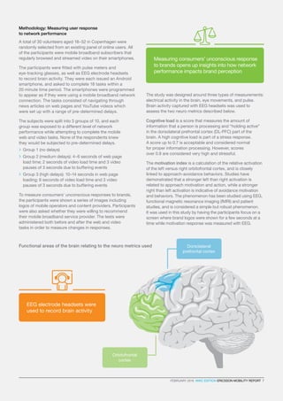 FEBRUARY 2016  MWC EDITION ERICSSON MOBILITY REPORT  7
EEG electrode headsets were
used to record brain activity
Methodology: Measuring user response
to network performance
A total of 30 volunteers aged 18–52 in Copenhagen were
randomly selected from an existing panel of online users. All
of the participants were mobile broadband subscribers that
regularly browsed and streamed video on their smartphones.
The participants were fitted with pulse meters and
eye-tracking glasses, as well as EEG electrode headsets
to record brain activity. They were each issued an Android
smartphone, and asked to complete 18 tasks within a
20 minute time period. The smartphones were programmed
to appear as if they were using a mobile broadband network
connection. The tasks consisted of navigating through
news articles on web pages and YouTube videos which
were set up with a range of pre-determined delays.
The subjects were split into 3 groups of 10, and each
group was exposed to a different level of network
performance while attempting to complete the mobile
web and video tasks. None of the respondents knew
they would be subjected to pre-determined delays.
	 Group 1 (no delays)
	Group 2 (medium delays): 4–6 seconds of web page
load time; 2 seconds of video load time and 3 video
pauses of 3 seconds due to buffering events
	Group 3 (high delays): 10–14 seconds in web page
loading; 6 seconds of video load time and 3 video
pauses of 3 seconds due to buffering events
To measure consumers’ unconscious responses to brands,
the participants were shown a series of images including
logos of mobile operators and content providers. Participants
were also asked whether they were willing to recommend
their mobile broadband service provider. The tests were
administered both before and after the web and video
tasks in order to measure changes in responses.
The study was designed around three types of measurements:
electrical activity in the brain, eye movements, and pulse.
Brain activity captured with EEG headsets was used to
assess the two neuro metrics described below.
Cognitive load is a score that measures the amount of
information that a person is processing and “holding active”
in the dorsolateral prefrontal cortex (DL-PFC) part of the
brain. A high cognitive load is part of a stress response.
A score up to 0.7 is acceptable and considered normal
for proper information processing. However, scores
over 0.8 are considered very high and stressful.
The motivation index is a calculation of the relative activation
of the left versus right orbitofrontal cortex, and is closely
linked to approach-avoidance behaviors. Studies have
demonstrated that a stronger left than right activation is
related to approach motivation and action, while a stronger
right than left activation is indicative of avoidance motivation
and behaviors. The phenomenon has been studied using EEG,
functional magnetic resonance imaging (fMRI) and patient
studies, and is considered a simple but robust phenomenon.
It was used in this study by having the participants focus on a
screen where brand logos were shown for a few seconds at a
time while motivation response was measured with EEG.
Measuring consumers’ unconscious response
to brands opens up insights into how network
performance impacts brand perception
Functional areas of the brain relating to the neuro metrics used Dorsolateral
prefrontal cortex
Orbitofrontal
cortex
FEBRUARY 2016  MWC EDITION ERICSSON MOBILITY REPORT  7
 