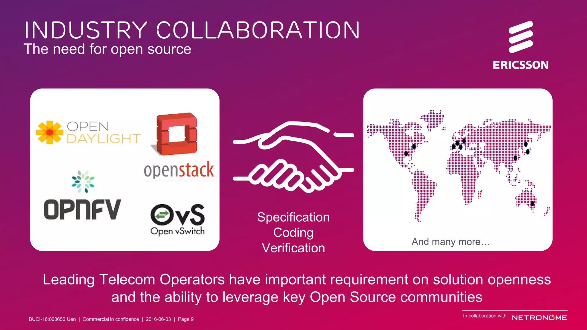 BUCI-16:003656 Uen | Commercial in confidence | © Ericsson AB 2016 | June 3, 2016 | Page 9
Industry collaboration
The need for open source
Leading Telecom Operators have important requirement on solution openness
and the ability to leverage key Open Source communities
Specification
Coding
Verification
And many more…
In collaboration with:
BUCI-16:003656 Uen | Commercial in confidence | 2016-06-03 | Page 9
 