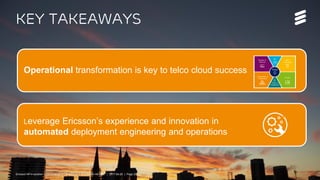 Ericsson NFVi solution | Commercial in Confidence | © Ericsson AB 2017 | 2017-04-26 | Page 20
Key Takeaways
Operational transformation is key to telco cloud success
Leverage Ericsson’s experience and innovation in
automated deployment engineering and operations
Ericsson NFVi solution | Commercial in Confidence | © Ericsson AB 2017 | 2017-04-26 | Page 20
 