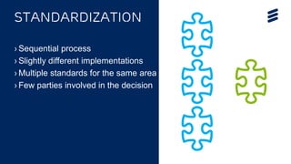 OPNFV Summit 2015 | Public | © Ericsson AB 2015 | 2015-11-11
Standardization
› Sequential process
› Slightly different implementations
› Multiple standards for the same area
› Few parties involved in the decision
 