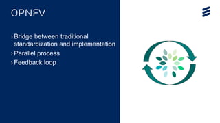 OPNFV Summit 2015 | Public | © Ericsson AB 2015 | 2015-11-11
OPNFV
› Bridge between traditional
standardization and implementation
› Parallel process
› Feedback loop
 