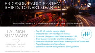 Ericsson Radio System Shifts to Next Gear | Public | © Ericsson AB 2016 | 2016-08-26 | Page 7
ERICSSON radio system
shifts to next gear
PERFORMANCE EVOLUTION // NETWORK DENSIFICATION // SPECTRUM OPTIMIZATION
LAUNCH
summary
› First 5G NR radio for massive MIMO
› Wideband radio with instant power sharing
› Three new radios supporting Gigabit speeds for LTE
› Small outdoor micro radio for unlicensed spectrum
› Baseband variants for densification, PIM mitigation and Elastic RAN
› Powerful spectrum analyzer software
› Streamlined network deployment and delivery platform
OPERATORS CAN NOW
SHIFT TO NEXT GEAR
Ericsson Radio System Shifts to Next Gear | Public | © Ericsson AB 2016 | 2016-08-26 | Page 7
 