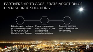 Ericsson and Red Hat Partnership | Mobile World Congress 2017 | Public | 2017-02-27 | Page 2
Partnership to Accelerate Adoption of
Open Source Solutions
Drive innovation and new
product offerings based
on NFVi, SDN, SDI,
Containers and Services
Enable customers on
their journey to IoT, 5G
and other next-
generation solutions
Focus on openness
and choice with scale
and efficiency
 