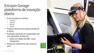 Ericsson Internal | MWC 2018
Innovate Together
— É estruturada em 4 trilhas:
— Academia
— Customer
— Startups
— Internal
— Produto viável mínimo desenvolvido em
6 meses
— Avaliação realizada em cooperação com
uma operadora de telecom
— testes com dados de 200+ casas
inteligentes
— Pilotos em andamento com usuários
reais
EricssonGarage:
plataformadeinovação
aberta
 