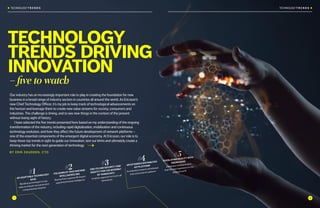 2 #02, 2017 ✱ ERICSSON TECHNOLOGY REVIEWERICSSON TECHNOLOGY REVIEW ✱ #02, 2017 3
STANDARDIZING NARROWBAND ✱TECHNOLOGY T R E N D S ✱✱ TECHNOLOGY T R E N D S
technology
trends driving
innovation
Our industry has an increasingly important role to play in creating the foundation for new
business in a broad range of industry sectors in countries all around the world. As Ericsson’s
new Chief Technology Officer, it’s my job to keep track of technological advancements on
the horizon and leverage them to create new value streams for society, consumers and
industries. The challenge is timing, and to see new things in the context of the present
without losing sight of history.
I have selected the five trends presented here based on my understanding of the ongoing
transformation of the industry, including rapid digitalization, mobilization and continuous
technology evolution, and how they affect the future development of network platforms –
one of the essential components of the emergent digital economy. At Ericsson, our role is to
keep these top trends in sight to guide our innovation, test our limits and ultimately create a
thriving market for the next generation of technology.
→
#1
AN ADAPTABLE TECHNOLOGY
BASE
Blending technologies in new
ways to unleash next generation
computational networks
#2
THE DAWN OF TRUE MACHINE
INTELLIGENCE (MI)
Moving from cognitive MI toward
augmented human intelligence
#3
END-TO-END SECURITY AND
IDENTITY FOR THE INTERNET
OF THINGS (IOT) 	
A holistic approach to trust in all
dimensions
#4
AN EXTENDED DISTRIBUTED
IOT PLATFORM
Acceleration toward a distributed
and connected IoT platform
#5
OVERLAYING REALITY WITH
KNOWLEDGE
Immersive communication
that ties user experience to the
physical world
21
by erik ekudden, cto
– five to watch
 