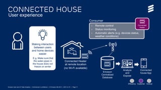 Ericsson User and IoT Data Analytics - .com version | Commercial in confidence | © Ericsson AB 2015 | 2015-12-22 | Page 17
Connected Heater
at remote location
(no Wi-Fi available)
Connected House
User experience
Device Status
data
Making interaction
between users
and home devices
easier
E.g. Make sure that
the water pipes in
the house does not
freeze on winter
› Remote control
› Status monitoring
› Automatic alerts (e.g. devices status,
weather conditions)
Consumer
Connected
Heater
Efficiency Customer Vertical
Ericsson User and IoT Data Analytics | Commercial in confidence | © Ericsson AB 2015 | 2015-12-15 | Page 17
Ericsson
Centralized
Database
Analyze
and
Expose
Connected
house App
 