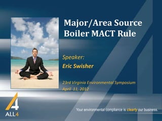 Major/Area Source
Boiler MACT Rule

Speaker:
Eric Swisher

23rd Virginia Environmental Symposium
April 11, 2012



       Your environmental compliance is clearly our business.
 