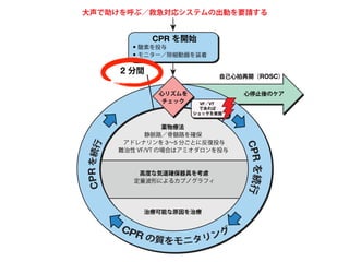 心リズムを
チェック
薬物療法
静脈路／骨髄路を確保
アドレナリンを 3∼5 分ごとに反復投与
難治性 VF/VT の場合はアミオダロンを投与
高度な気道確保器具を考慮
定量波形によるカプノグラフィ
治療可能な原因を治療
心停止後のケア
CPR を開始
酸素を投与
モニター／除細動器を装着
2 分間
VF／VT
であれば
ショックを実施
自己心拍再開（ROSC）
大声で助けを呼ぶ／救急対応システムの出動を要請する
CPRを続行
CPRを続行
 