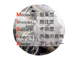 Medicine
Illnesses
Surgery
Injury
Allergy
：服薬歴
：既往歴
：手術歴
：外傷の有無
：アレルギー
 