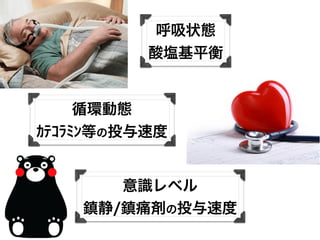 呼吸状態
酸塩基平衡
循環動態
ｶﾃｺﾗﾐﾝ等の投与速度
意識レベル
鎮静/鎮痛剤の投与速度
 