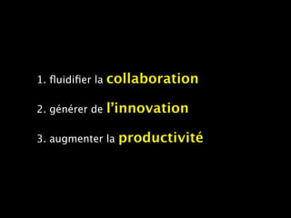 1. ﬂuidiﬁer la   collaboration

2. générer de    l’innovation

3. augmenter la   productivité
 