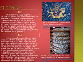 ClothingPoor		Poor men wore baggy tough fiber trousers and a loose shirt. Sometimes with a fur lined coat in the winter. The women wore simple dresses from wool for the winter and cotton in the summer. Both men and women wore shoes from woven straw. The clothes of the poor are usually plain and dirty from their work. Because they have to labor hard just to get enough food to support their family. Having luxuries were out of question.Part of an embroidery of a Chinese silk robe.Photo by wonderferret on Flickr.http://www.flickr.com/photos/wonderferret/1839458616/Rich		In that time, silk was considered a lucky luxury and a fashion that rich people wore. They would wear robes of silk with a large sash at the waist. For the women, their robes were opened a little to show their undershirt of different colored silk. For their feet, they wore silk slippers with wooden soles. On the silk robes, there would usually be colorful and amazing embroideries, which portrayed scenes from stories or lucky symbols. These lucky symbols were frequently dragons because of the belief that dragons scared away evil spirits. Silk badges with dragons on them would be worn to show the rank of an officer. The rank depended on how many talons the dragon had.Above are many cultivated silk worms larvars.Photo by Ian Armstrong on Wikimedia commons.http://commons.wikimedia.org/wiki/File:Silk_worm_cocoons.jpg14