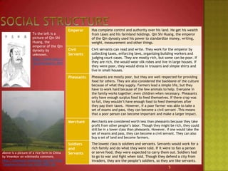 Social StructureTo the left is a picture of Qin Shi Huang, the emperor of the Qin dynasty by unknown.http://www.sacu.org/qinemperor.htmlAbove is a picture of a rice farm in China by Vmenkov on wikimedia commons.http://commons.wikimedia.org/wiki/File:Tongshan-County-rice-fields-9882.jpg5