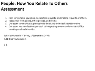 People: How You Relate To Others
Assessment
1. I am comfortable saying no, negotiating requests, and making requests of others.
2. I stay away from gossip, office politics, and drama
3. Our team communicates precisely via email and online collaboration tools
4. Our team has an effective approach to integrating remote and on-site staff for
meetings and collaboration
What’s your score? 0=No, 1=Sometimes 2=Yes
Add it up your answers
0-8
 