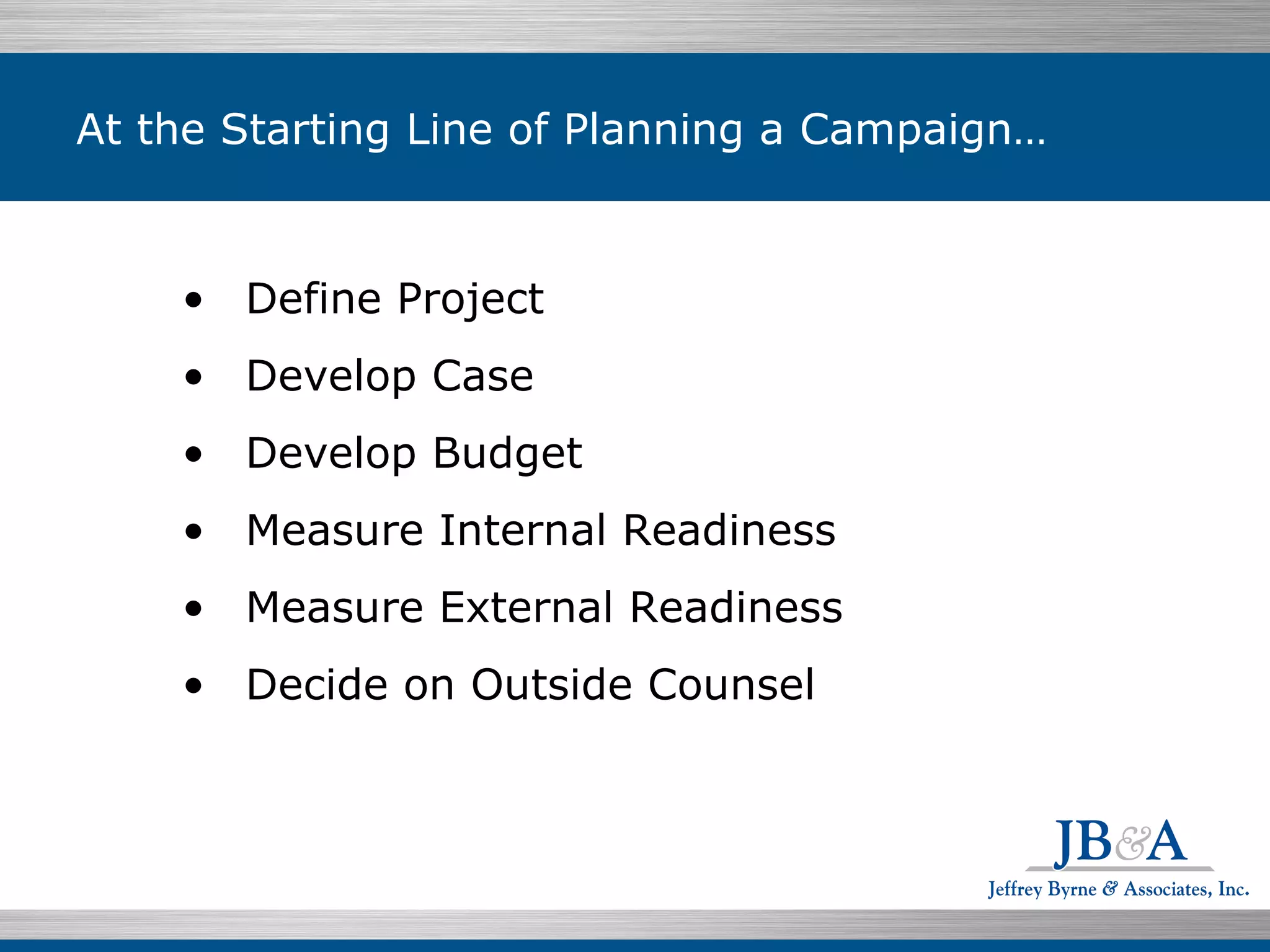 At the Starting Line of Planning a Campaign… Define Project Develop Case Develop Budget Measure Internal Readiness Measure External Readiness Decide on Outside Counsel 