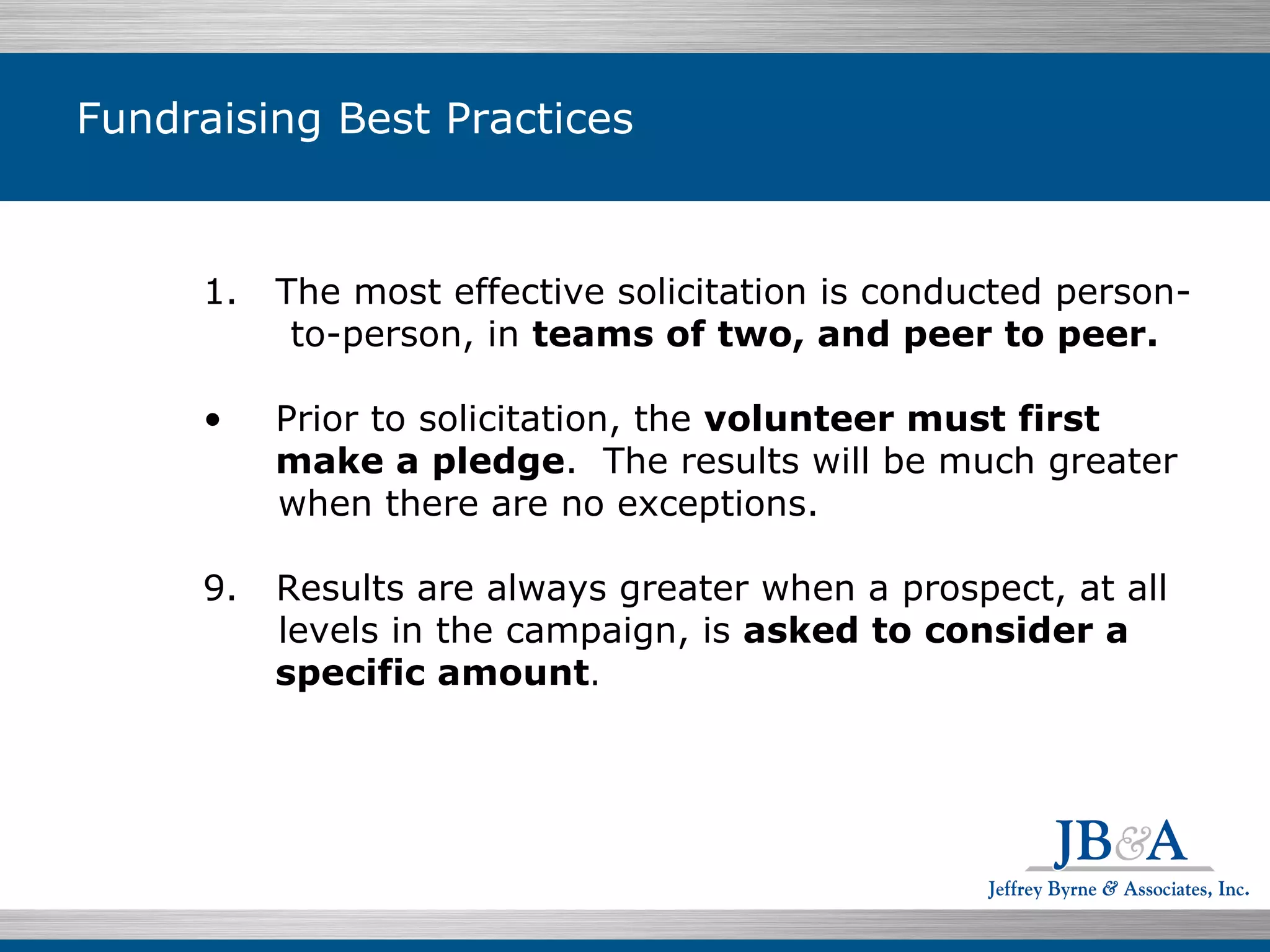Fundraising Best Practices The most effective solicitation is conducted person- to-person, in  teams of two, and peer to peer. Prior to solicitation, the  volunteer must first make a pledge .  The results will be much greater when there are no exceptions. 9.  Results are always greater when a prospect, at all levels in the campaign, is  asked to consider a specific amount . 