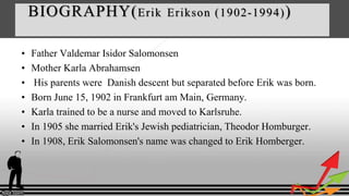 BIOGRAPHY(Erik Erikson (1902-1994))
• Father Valdemar Isidor Salomonsen
• Mother Karla Abrahamsen
• His parents were Danis...