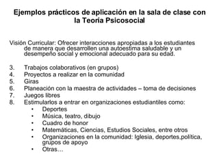 Ejemplos prácticos de aplicación en la sala de clase con la Teoría Psicosocial Visión Curricular: Ofrecer interacciones apropiadas a los estudiantes de manera que desarrollen una autoestima saludable y un desempeño social y emocional adecuado para su edad. Trabajos colaborativos (en grupos) Proyectos a realizar en la comunidad Giras Planeación con la maestra de actividades – toma de decisiones Juegos libres Estimularlos a entrar en organizaciones estudiantiles como: Deportes Música, teatro, dibujo Cuadro de honor Matemáticas, Ciencias, Estudios Sociales, entre otros Organizaciones en la comunidad: Iglesia, deportes,política, grupos de apoyo Otras… 