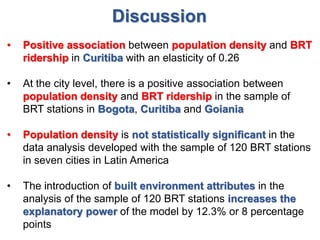 Discussion
• Positive association between population density and BRT
ridership in Curitiba with an elasticity of 0.26
• At the city level, there is a positive association between
population density and BRT ridership in the sample of
BRT stations in Bogota, Curitiba and Goiania
• Population density is not statistically significant in the
data analysis developed with the sample of 120 BRT stations
in seven cities in Latin America
• The introduction of built environment attributes in the
analysis of the sample of 120 BRT stations increases the
explanatory power of the model by 12.3% or 8 percentage
points
 